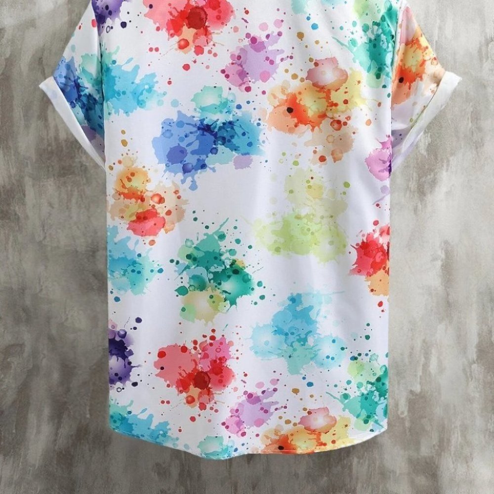 White Vacation Style Men's Splatter Paint Shirt - Picture 4 of 8